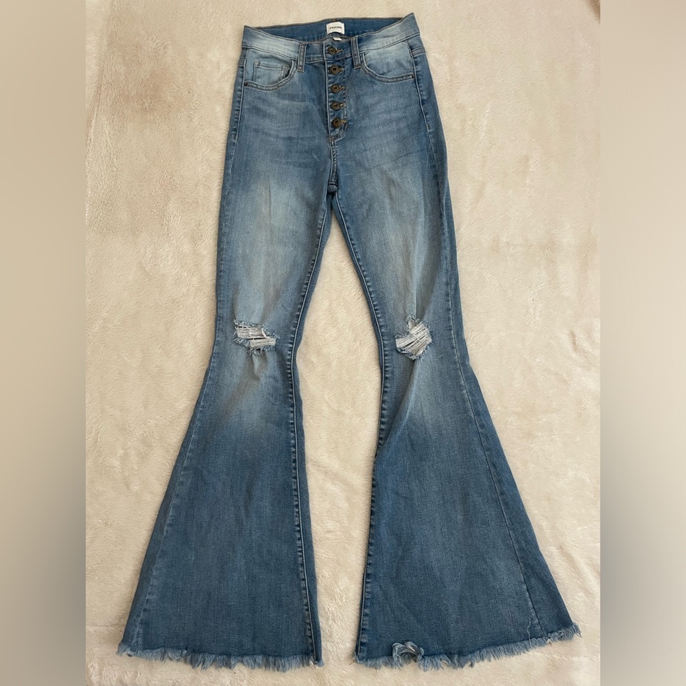 High waisted denim ripped bell bottoms